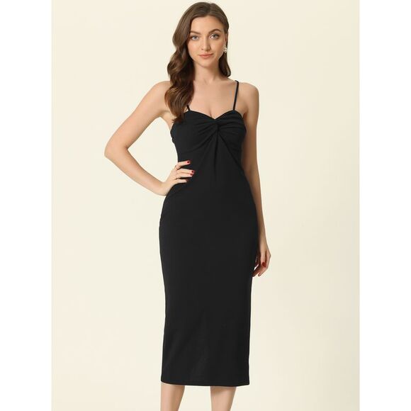 Cocktail Bodycon Dress Twist Front Spaghetti Straps Midi Dresses Black - Picture 4 of 6